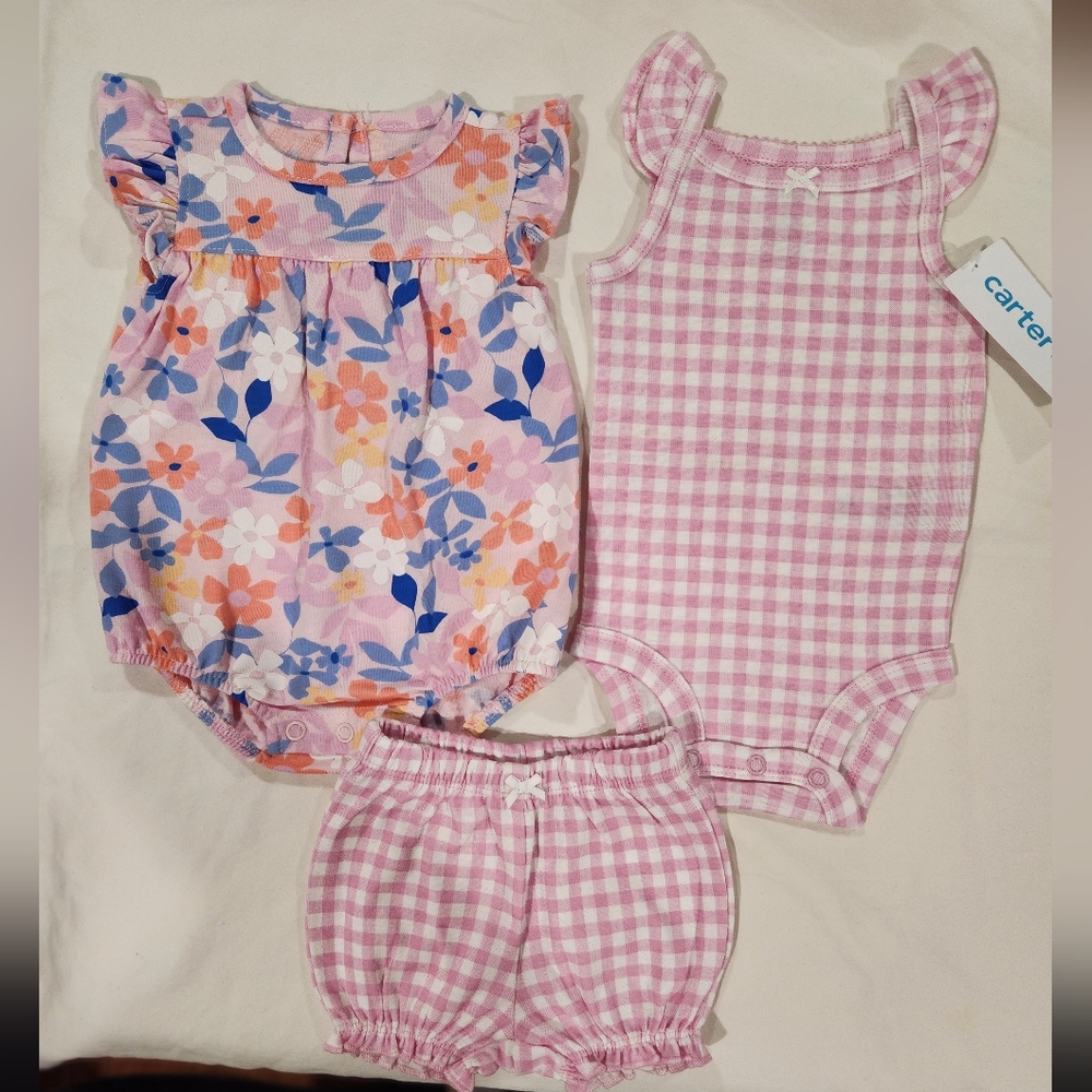 Carter's Girl's Angel-Sleeve 3-Piece Bodysuit Set Pink Floral Size NB NWT - Picture 3 of 10